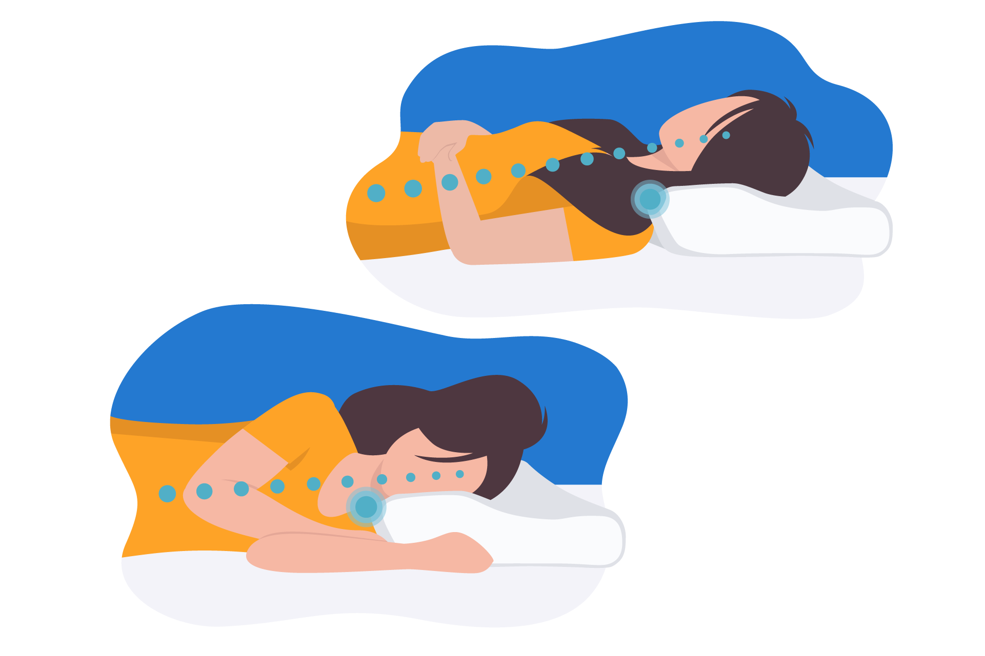 Duas ilustrações com uma mulher dormindo em um travesseiro ortopédico: a primeira de barriga para cima e a segunda de lado, ambas com a coluna alinhada.